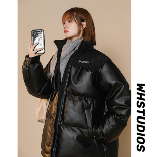 立领PU皮加厚棉衣女冬季宽松胖MM大码200斤棉袄ins潮保暖棉服外套