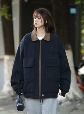 美式复古翻领工装外套女大码宽松
