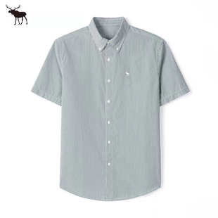 短袖格子衬衫小鹿刺绣牛津纺美潮夏季休闲商务纯棉衬衣条纹男装AF