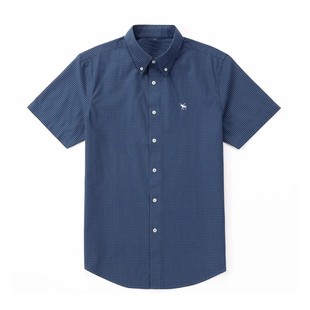 男士AF短袖格子衬衫小鹿刺绣牛津纺欧美大码休闲商务纯棉衬衣纯色