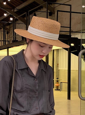 网红平顶草帽女夏时尚沙滩帽遮阳防晒复古法式平沿帽子小清新礼帽