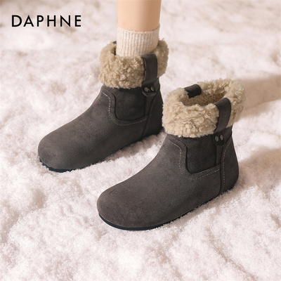 达芙妮加绒勃肯靴保暖雪地靴女2025新款冬季复古毛毛短靴加厚棉鞋