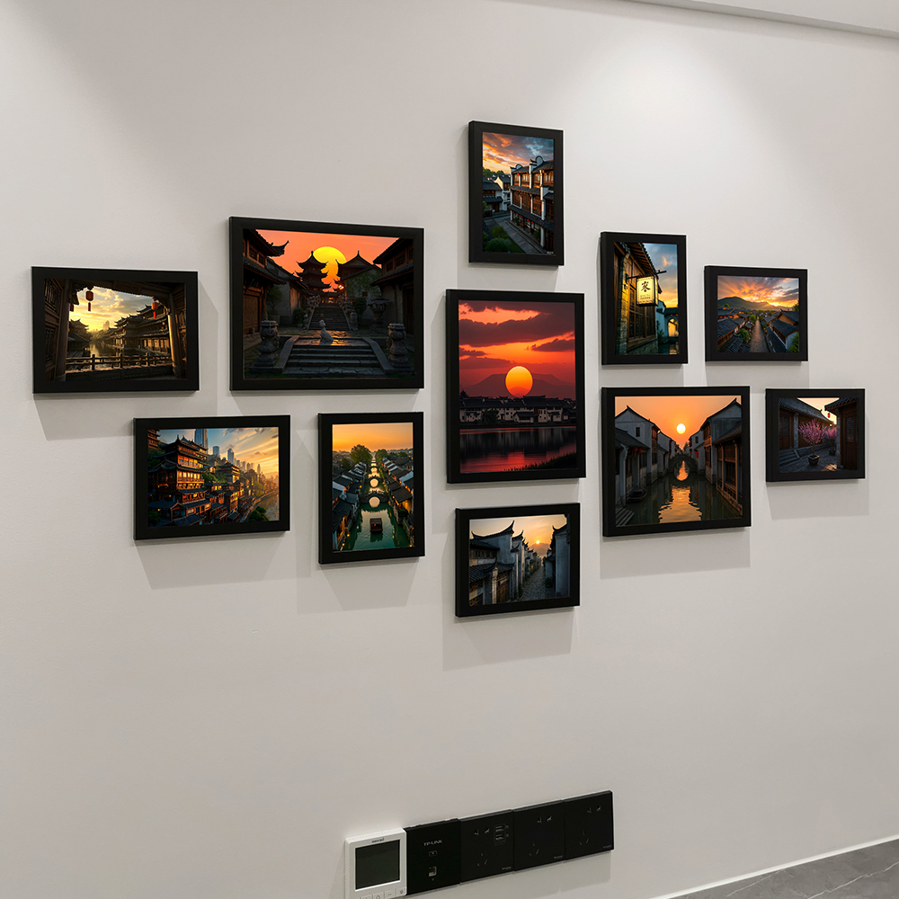 创意中国风山水风景画照片墙相框组合客厅餐厅装饰挂画背景相框图片