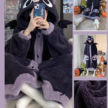 蝙蝠睡衣女款冬季睡袍珊瑚绒加厚加绒长款连体冬天家居服套装