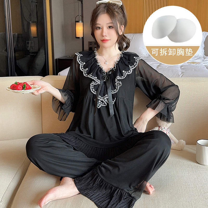 2024秋季长袖睡衣女新款网纱甜美蕾丝公主风长裤套装家居服
