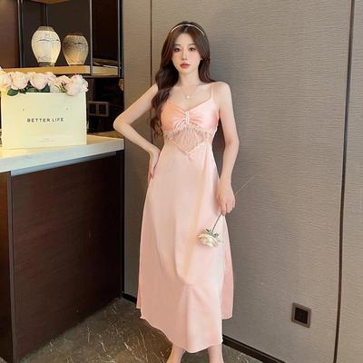 夏季吊带睡裙性感公主冰丝连衣裙薄款睡衣可拆卸胸垫家居服纯色长