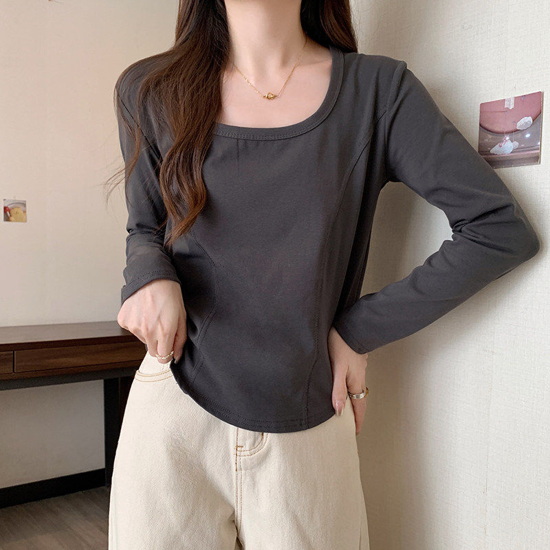 黑色u领正肩长袖T恤女春