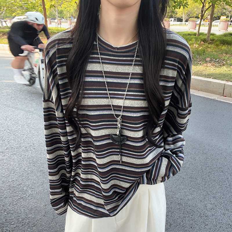 K2366复古条纹圆领打底衫女春秋季宽松显瘦T恤慵懒风针织长袖上衣