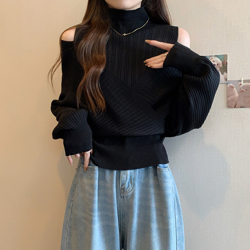 露肩半高领漂亮针织衫女