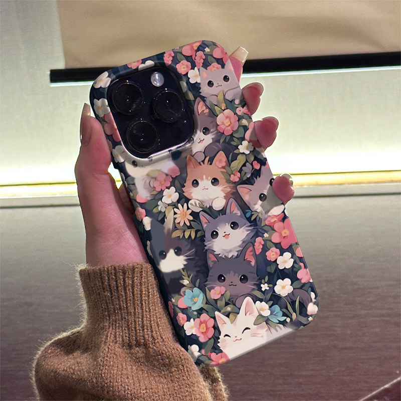 满屏猫咪花朵 适用iPhone14ProMax手机壳磨砂硬壳苹果15Pro菲林iPhone13个性12Pro简约新款11保护套XR/XS/16
