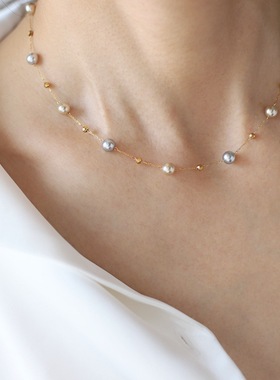 不褪色项链手链套装茶灰色珍珠满天星手工细链锁骨链钛钢镀K金