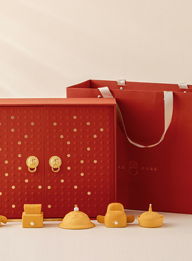 国潮官帽双狮礼盒紫砂小摆件定制