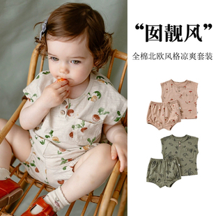夏季婴儿北欧风儿童套装男女宝宝369月ins全棉无袖印花两件套凉快