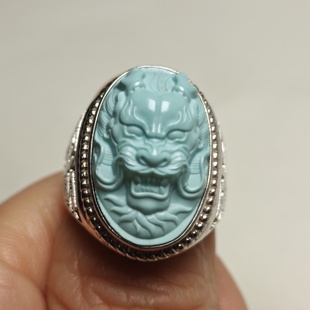 湖北天然原矿绿松石戒面镶嵌S925银戒托男女款龙戒雕刻圈口可调