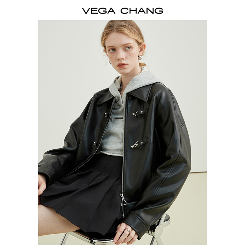 VEGA CHANG机车皮衣女春秋2024年新款韩版bf风一字扣PU皮夹克外套 女装/女士精品 皮衣 原图主图