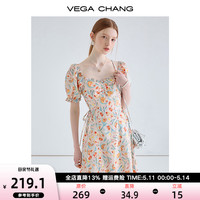 VEGA CHANG碎花连衣裙女2024夏新款方领法式茶歇裙度假风a字长裙