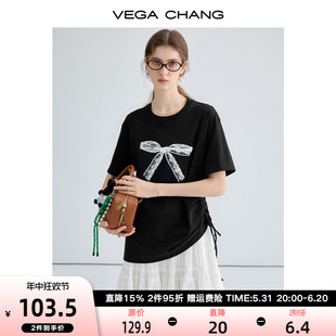 新款 VEGA T恤女2024年夏季 蝴蝶结印花黑色上衣 CHANG短袖 简约时尚