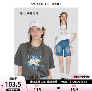 简约时尚 VEGA 新款 上衣ins潮 CHANG印花T恤女2024年夏季 圆领短袖