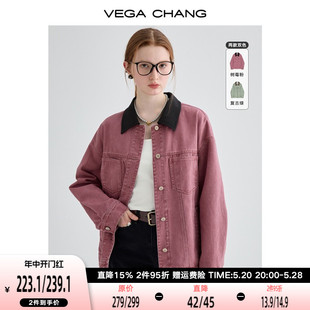 CHANG短外套女2024年春季 VEGA 新款 复古水洗撞色翻领上衣牛仔夹克