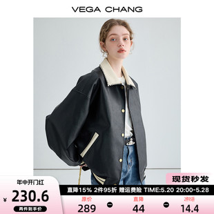 拼色方领宽松黑色pu皮夹克 VEGA CHANG机车风皮衣春秋女2024年新款