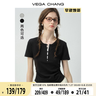 正肩上衣 VEGA CHANG短袖 女t恤2025新款 夏气质百搭亨利领纽扣修身
