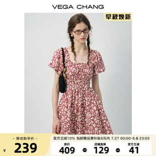 方领泡泡袖 VEGA 法式 CHANG碎花连衣裙女2025新款 收腰甜美短裙 夏季