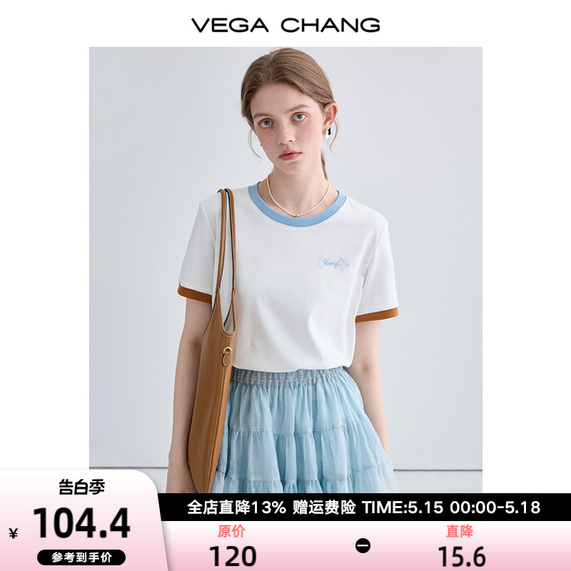 VEGA CHANG白色T恤女2024夏季新款拼色圆领刺绣简约休闲短袖上衣