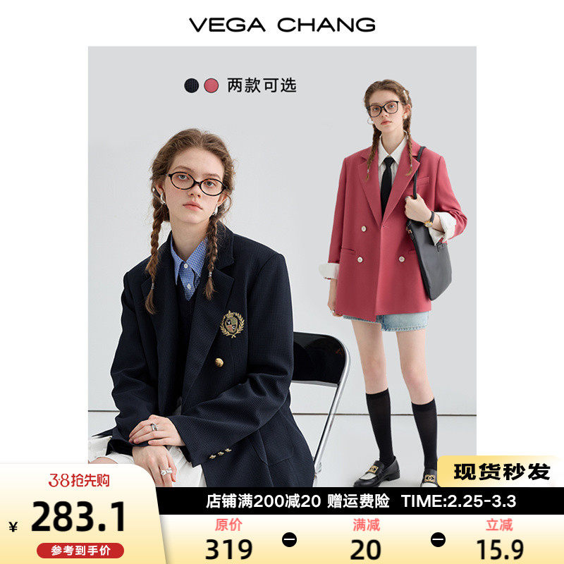 VEGA CHANG学院风西装女2024年春季新款千鸟格刺绣胸章西服上衣