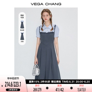新款 VEGA 连衣裙女2024年夏季 假两件显瘦学院风短袖 CHANG法式 长裙