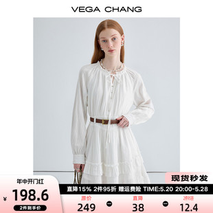 CHANG白色连衣裙女2024年春季 VEGA 新款 法式 优雅花边系带蛋糕裙子