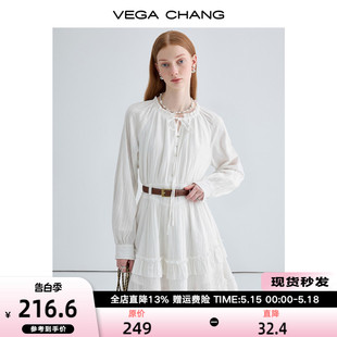 CHANG白色连衣裙女2024年春季 VEGA 新款 法式 优雅花边系带蛋糕裙子