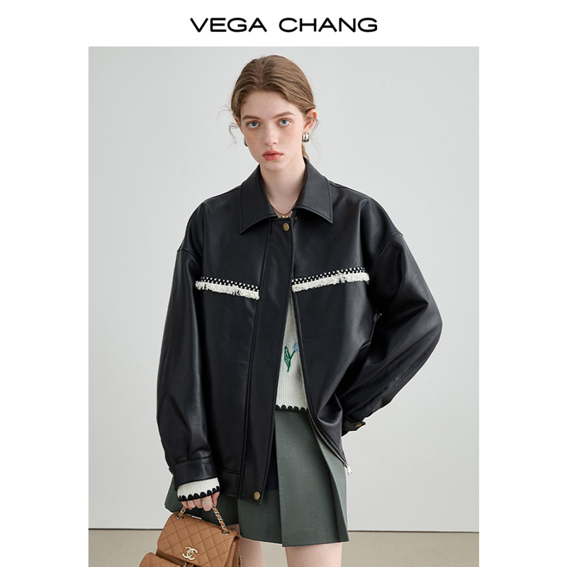 8.16上新流苏织带糅合皮衣中性黑色皮衣外套