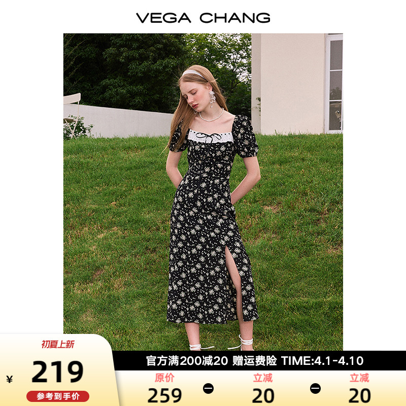 VEGA CHANG黑色碎花连衣裙夏2024新款女装法式小众小雏菊茶歇裙子