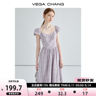 新款 VEGA CHANG法式 茶歇连衣裙女2024夏季 高级感显瘦格纹吊带长裙