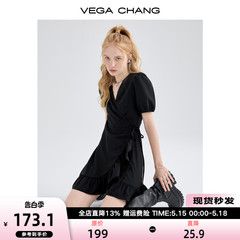 VEGA CHANG荷叶边赫本裙子女夏装新款韩版设计感显瘦气质连衣裙