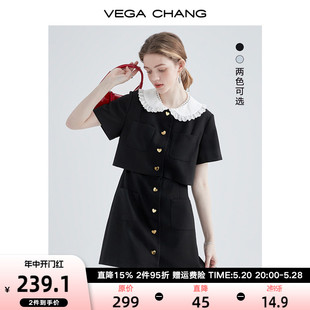 VEGA CHANG法式黑色连衣裙女夏季高级感小个子收腰显瘦赫本风裙子