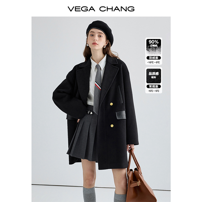 VEGA CHANG赫本风羽绒大衣女冬小个子学院风高级感黑色毛呢外套