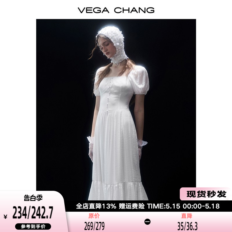 VEGA CHANG法式连衣裙女2024年夏季新款方领小众气质泡泡袖长裙子-封面