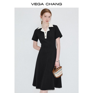 VEGA CHANG黑色连衣裙女2024年夏季新款设计感撞色POLO领复古裙子