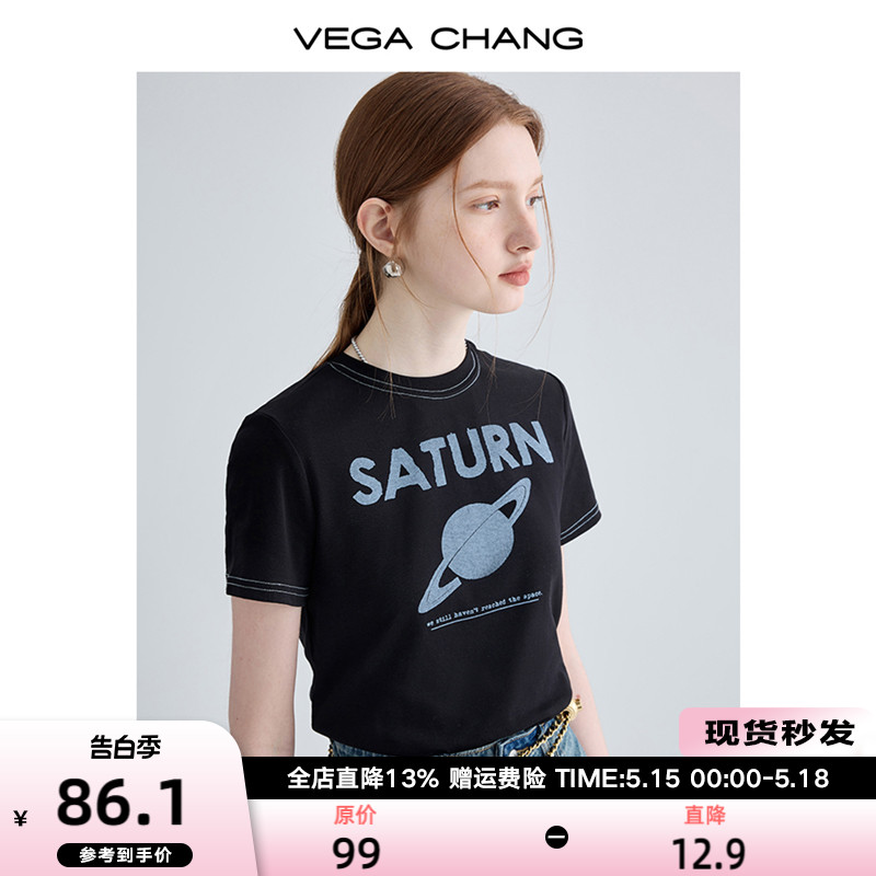 VEGA CHANG短袖t恤女2024夏新款设计感小众黑色简约印花圆领上衣