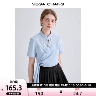 CHANG新中式 衬衫 女2024年夏季 上衣 VEGA 新款 斜门襟收腰系带短袖