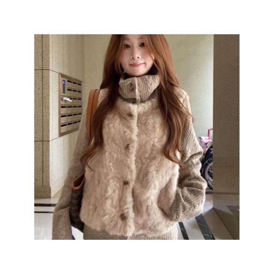 韩系复古羊羔毛外套女秋冬新款小个子宽松加绒加厚针织袖拼接棉服