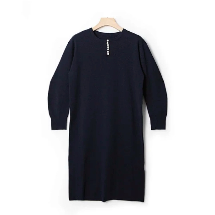 【树林里的秘密】圆领珍珠扣中长款宽松针织连衣裙LSQ2537