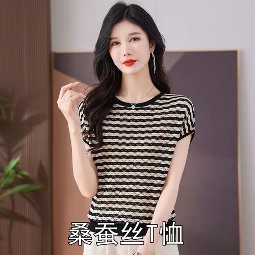 高级感100%桑蚕丝短袖T恤女新款镂空罩衫条纹冰丝针织衫正肩上衣