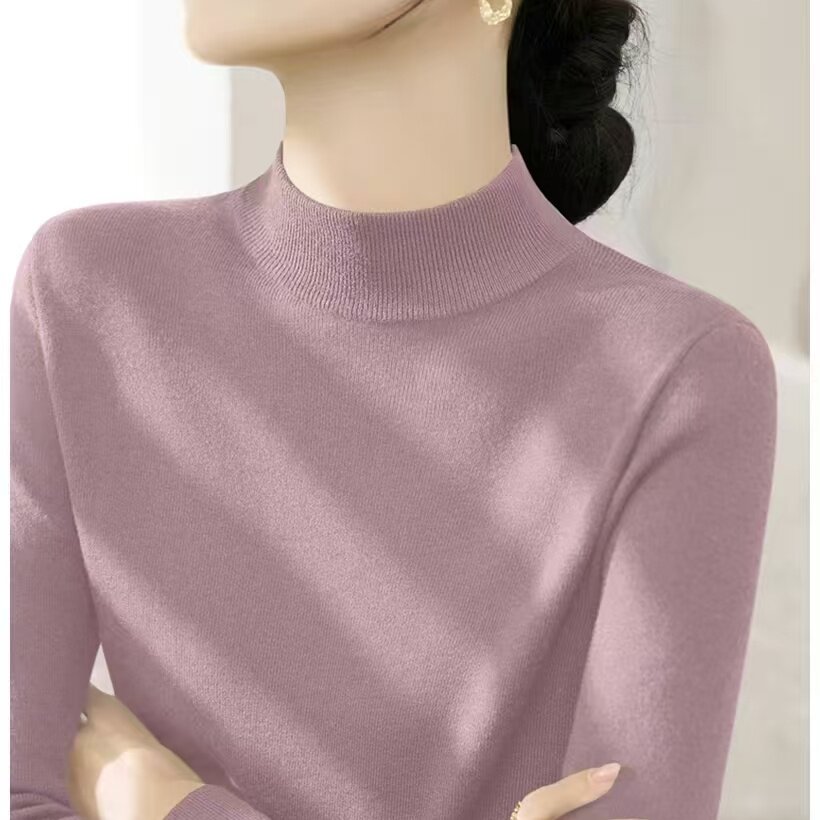 紫色半高领打底衫女秋冬修身内搭毛衣不起球可机洗针织衫羊毛上衣