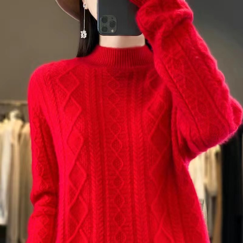 羊绒衫半高领加厚本命年红色毛衣女秋冬新款上衣内搭羊毛打底衫