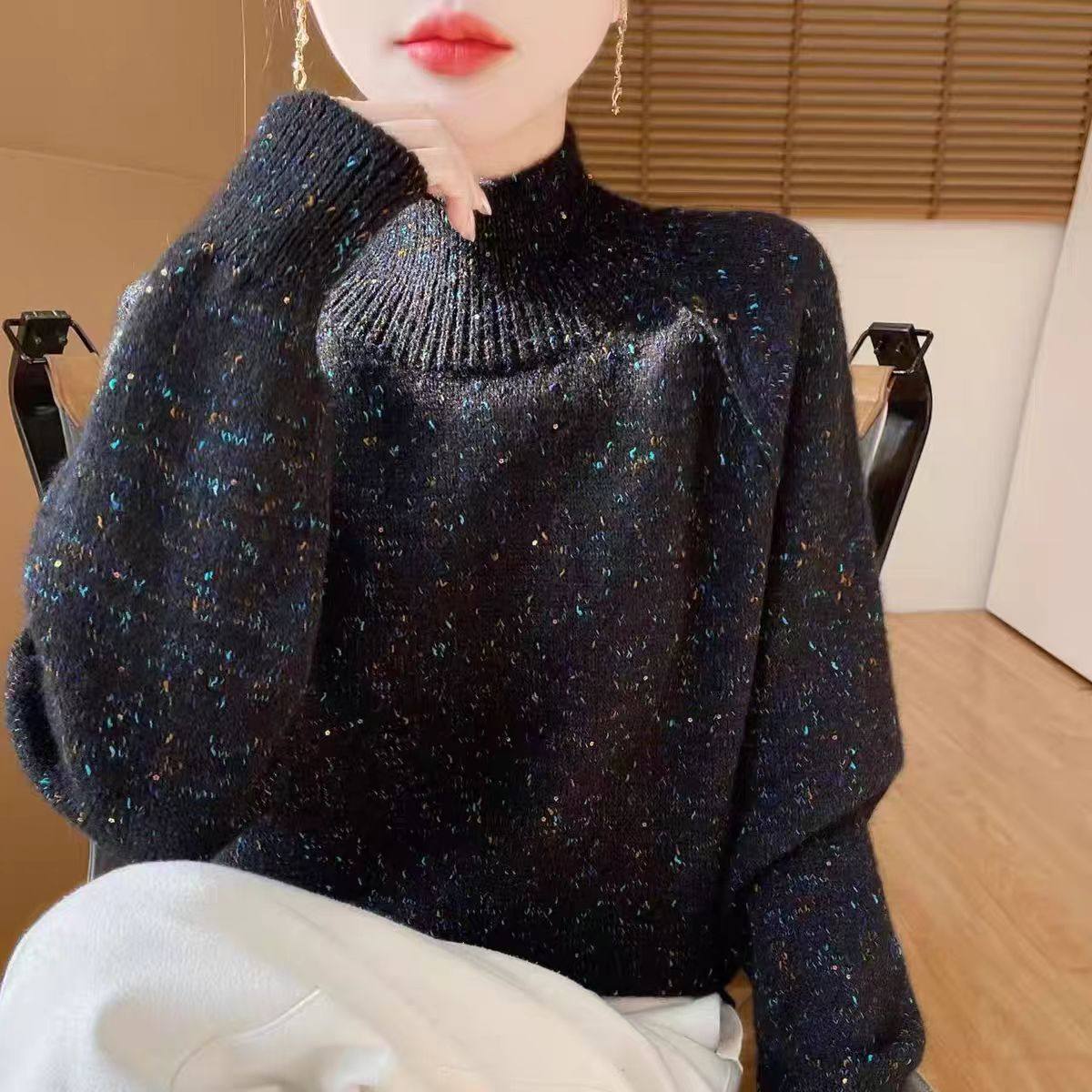 新款黑色羊毛衫女高领加厚毛衣宽松慵懒风针织打底衫秋冬外穿上衣