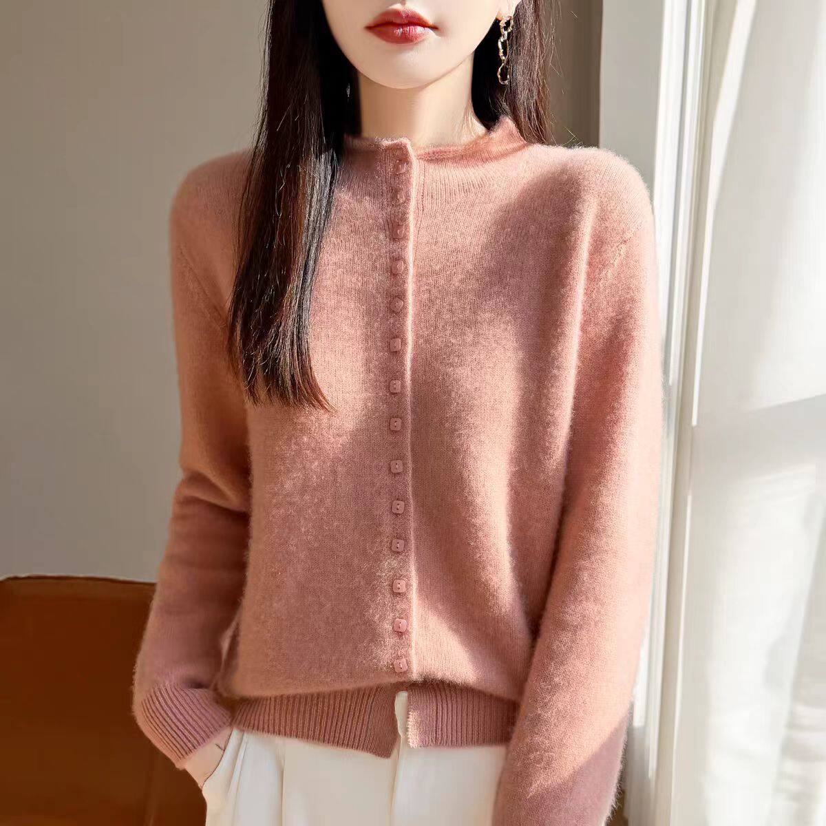 百搭羊毛衫女立领开衫加厚宽松镂空花边打底衫冬季新款气质毛衣
