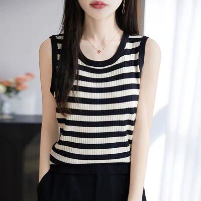 100%桑蚕丝针织吊带背心女内搭条纹圆领修身显瘦百搭无袖上衣打底