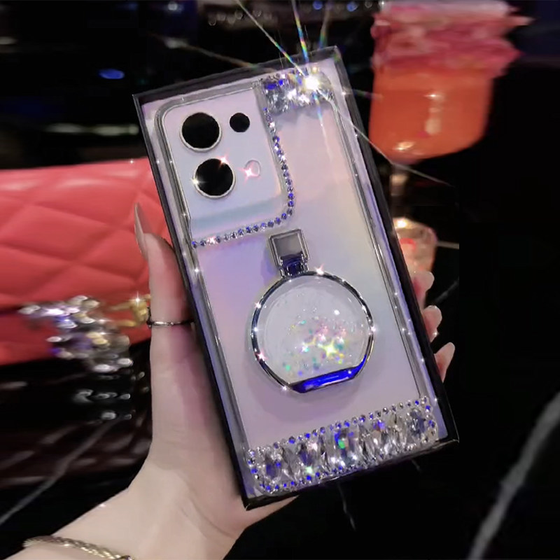 适用于oppoReno9手机壳女新款Reno8透明带镶水钻Reno10香水瓶流沙支架Pro+原创奢华S17小香风防摔保护